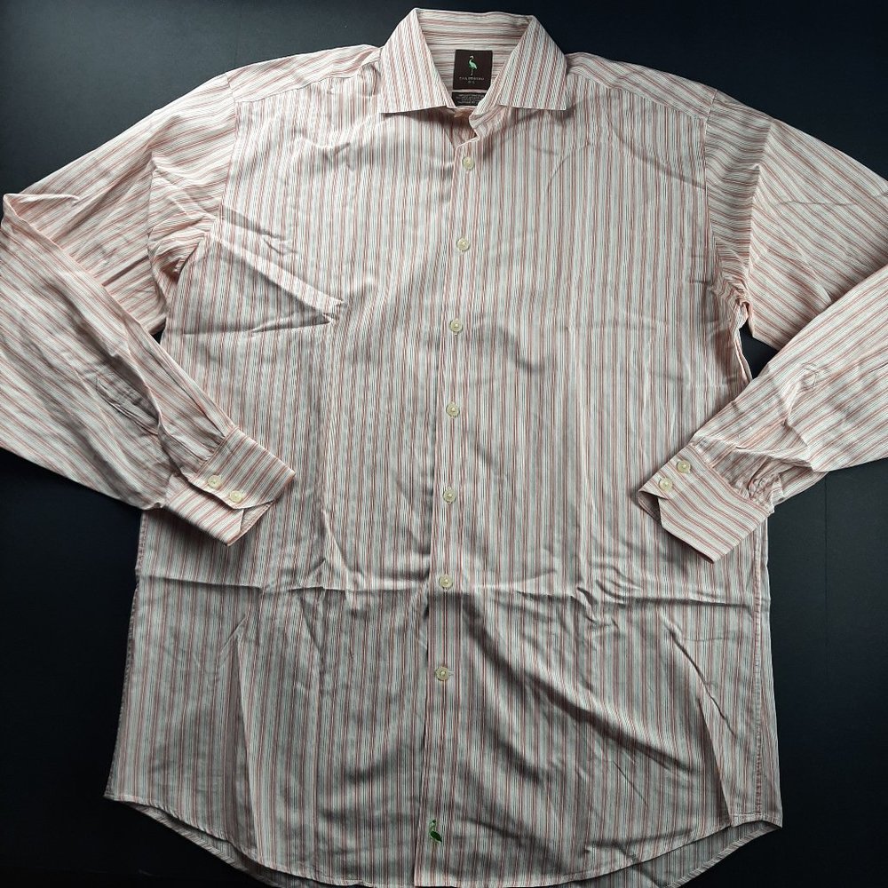 TAILORBYRD Mens Dress Shirt Size 16-L Button Front Peach White Green Stripes